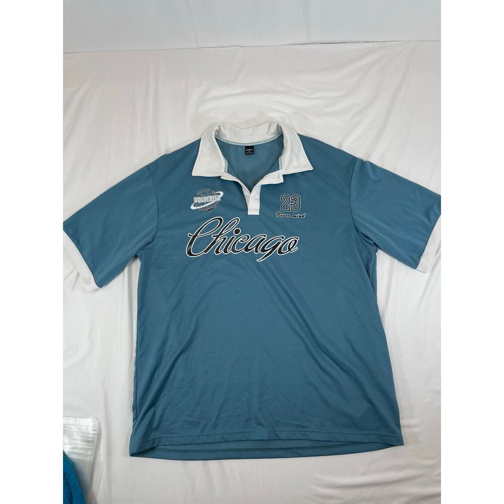 Manfinity Men's S Chicago Graphic Polo Shirt Blue White Jersey Y2K Streetwear